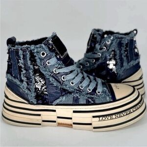 NWB Rebecca White Serendipity Platform Mixed Media Sneakers, EU 37 = US Size 7